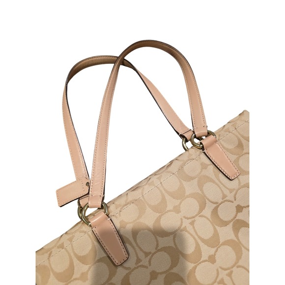 Coach Signature Stripe Tote Bag Khaki Tan Teal Glitter Canvas F28504 clean - Picture 3 of 7